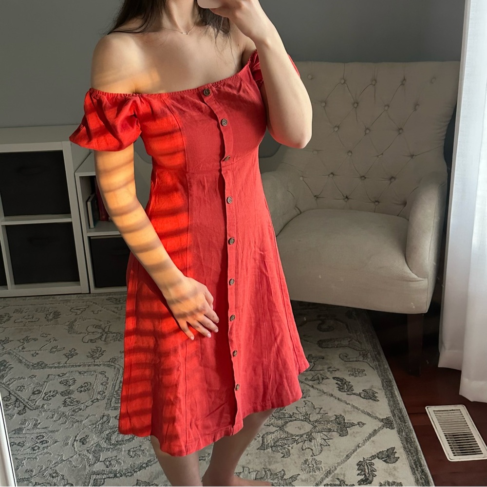 Red Linen Button Down Dress - Picture 7 of 9